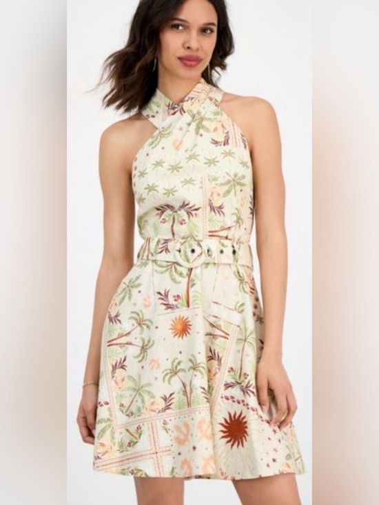 RACHEL Rachel Roy Dresses & Skirts - RACHEL Rachel Roy Cream Halter Palm-Print Belted Mini Dress